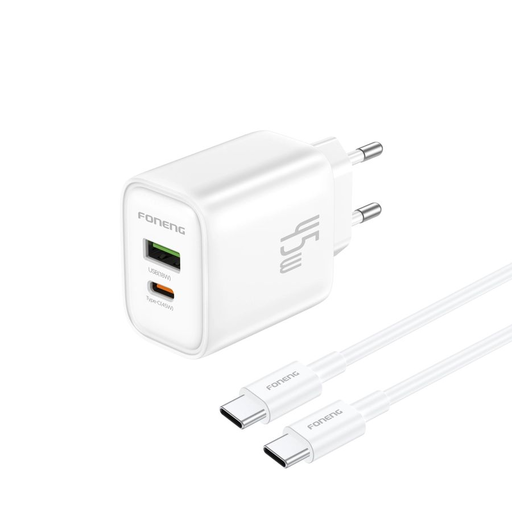 FONENG fali töltő EU67 PD 45W 1xUSB-C + 1xUSB QC3.0 + kábel USB-C - USB-C Fehér