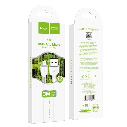 HOCO kábel X20 Micro USB 3.1A 3M Fehér