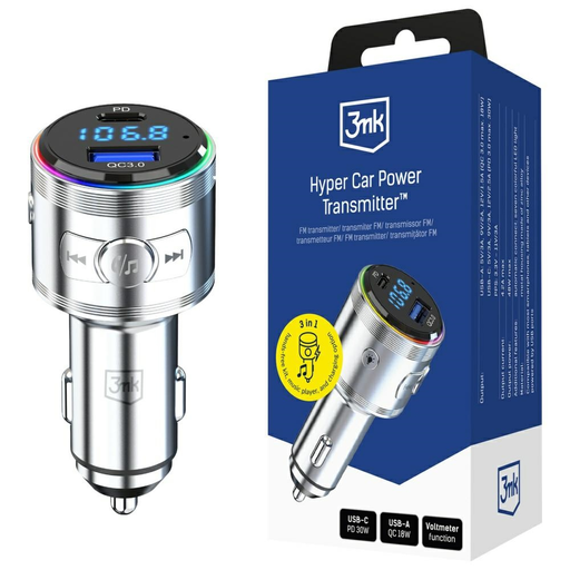 Autós töltő 3MK Hyper Car Power Transmitter 48W QC PD PPS USB-C/USB-A audió adóval ezüst