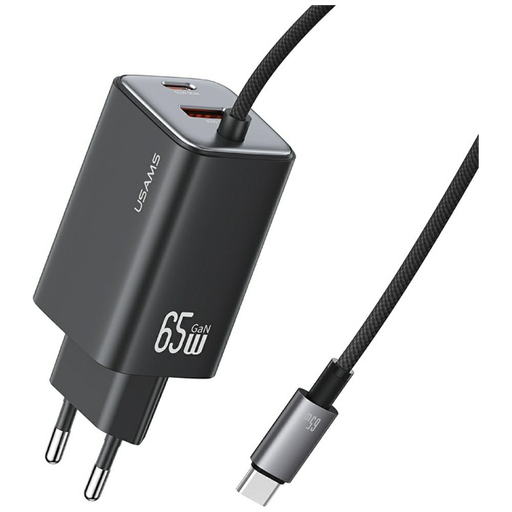 USAMS JC sorozat CC266 65W GaN gyorstöltő 2xUSB-C 1xUSB-A Fali töltő Fekete