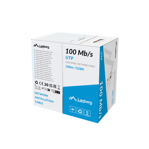 Lanberg Cat.5e U/UTP rézzel bevont (CCA) fali kábel 100m, 100Mb/s, AWG24, PVC, 100Mhz, Fca, szürke