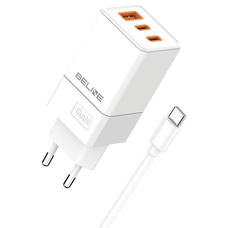 Beline 2x USB-C + 1x USB 65W + USB-C kábel fehér PD 3.0 + QC 3.0 BLN3CW65C GaN töltő