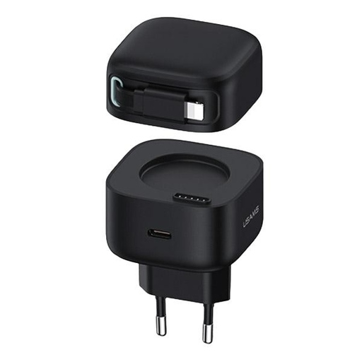 USAMS USB-C töltő adapter visszahúzható Lightning kábellel (csak fej) PD+QC 35W GaN Gyors Töltés fekete