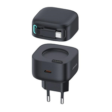 Hálózati USB-C töltő adapter USAMS 1xUSB-C visszahúzható USB-C kábellel (csak fej) PD+QC 35W GaN gyorstöltés fekete