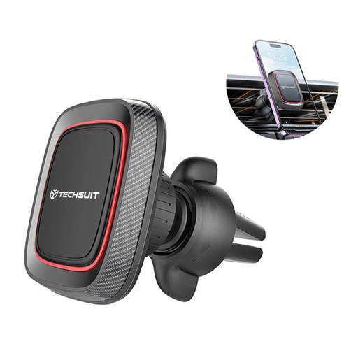 Autós tartó Techsuit MagGrip (S4) - Biztonságos mágneses tartás légkondicionáló rácshoz, 360°-os forgatás, fémlemezekkel - Fekete/Piros.