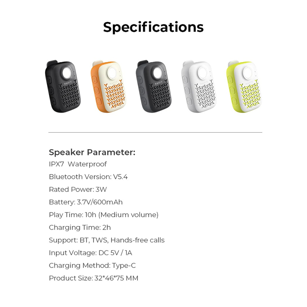 Havit - Vezeték nélküli hangszóró (SK868BT) - Bluetooth V5.4, 5W, 600mAh, IP67, TWS, zseblámpa, kihangosított hívások, Type-C - Fekete - 7