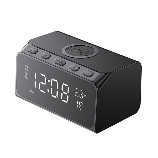 Havit - 6in1 Vezeték nélküli töltő (W3041) - Óra/Ébresztőnaptár/Bluetooth hangszóró/Hőmérséklet funkciókkal - Fekete