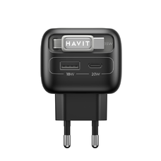 Havit Fali Töltő (UC251 EU) Type-C, USB, GaN, 35W, Behúzható Type-C Kábellel - Fekete / Szürke
