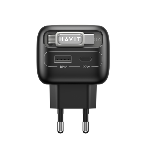 Havit Fali Töltő (UC251 EU) Type-C, USB, GaN, 35W, Behúzható Type-C Kábellel - Fekete / Szürke