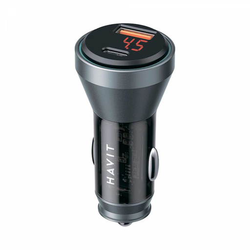 Havit Autós Töltő (CC2017) - Type-C, USB, 45W, 3A, Látható Belső Szerkezeti Dizájn - Fekete/Kék