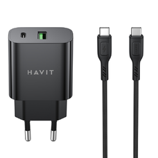 Havit Fali Töltő (ST926 EU) - USB, Type-C, PD60W, Type-C to Type-C kábel, 1m - Fekete