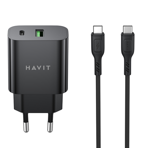 Havit Fali Töltő (ST926 EU) - USB, Type-C, PD60W, Type-C to Type-C kábel, 1m - Fekete