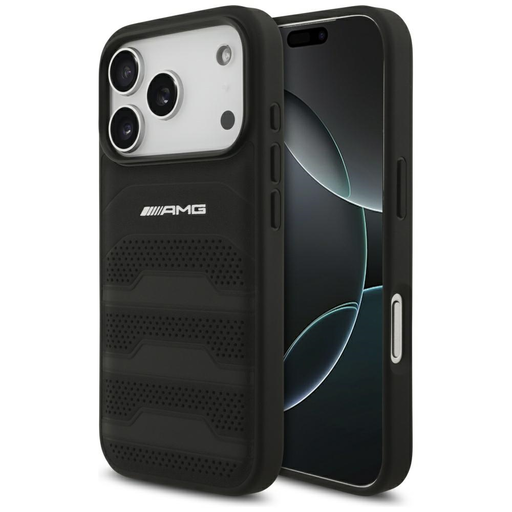 iPhone 17 Pro AMG bőr dombornyomott vonalas logó tok fekete iPhone 17 Pro AMG bőr dombornyomott vonalas logó tok fekete
