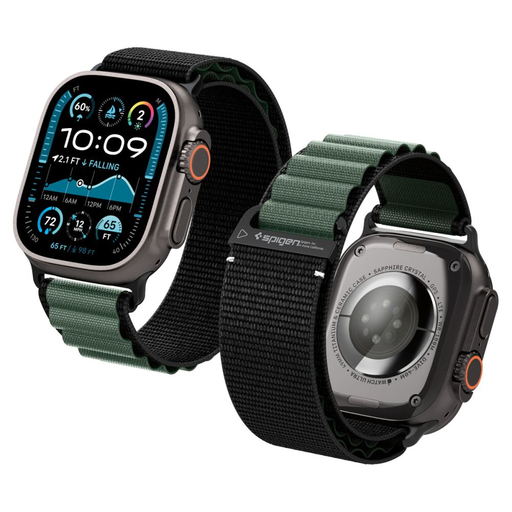 Apple Watch 6 / 7 / 8 / 9 / 10 / SE / Ultra 1 / 2 (44 / 45 / 46 / 49 mm) Spigen Wbf1 szíj, fekete/zöld
