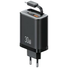 Fali töltő USAMS Xiang Series CC296 30W 1xUSB-C 1xUSB-A + USB-C kábel fekete