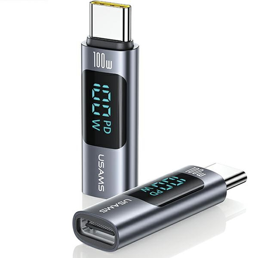 USB-C - USB-C Adapter Digitális Kijelzővel 100W szürke acél/alumínium (USAMS US-SJ682 AU18)