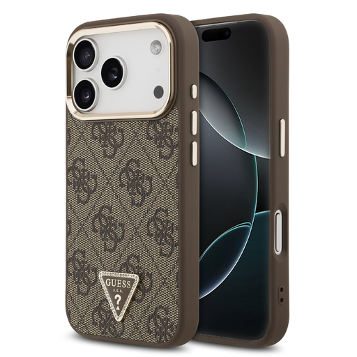 iPhone 17 Pro Barna Guess PU bőr 4G Strass háromszög logó arany keretes MagSafe tok iPhone 17 Pro Barna Guess PU bőr 4G Strass háromszög logó arany keretes MagSafe tok