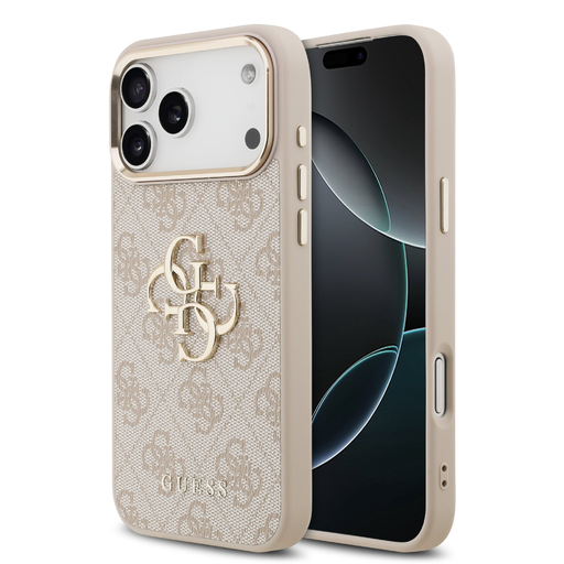  iPhone 17 Pro Max rózsaszín Guess PU bőr 4G fém logós arany keretes tok