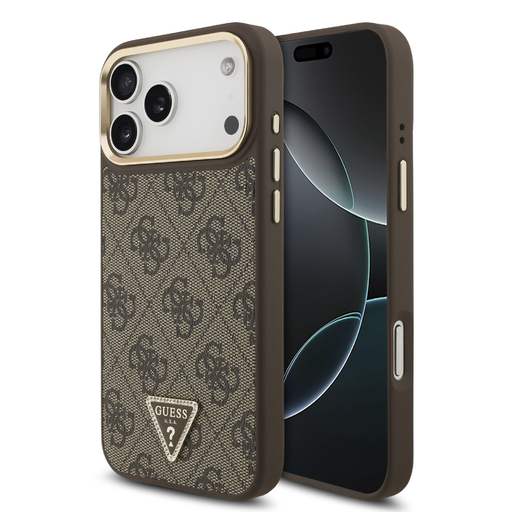  iPhone 17 Pro Max Barna Guess PU Bőr 4G Strass Háromszög Logó Arany Keret MagSafe tok
