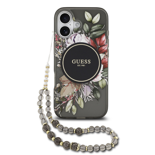 iPhone 17 Fekete Guess IML Virágos Pántos MagSafe tok iPhone 17 Fekete Guess IML Virágos Pántos MagSafe tok