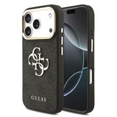  iPhone 17 Pro Fekete Guess PU Bőr 4G Fém Logó Arany Keretes Tok