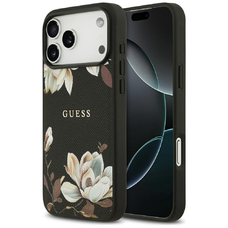 iPhone 17 Pro Max Guess Grained Flowers Classic Logo MagSafe tok fekete