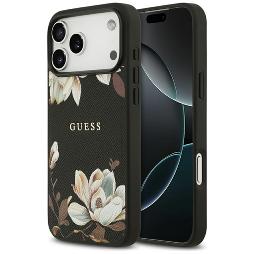 iPhone 17 Pro Max Guess Grained Flowers Classic Logo MagSafe tok fekete