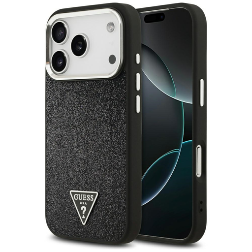 iPhone 17 Pro Guess Glitter Triangle Logo MagSafe fekete tok