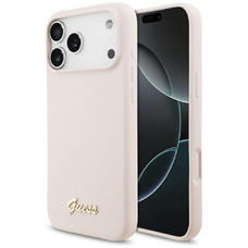 iPhone 17 Pro Max Guess Szilikon Script Fém Logó MagSafe tok rózsaszín