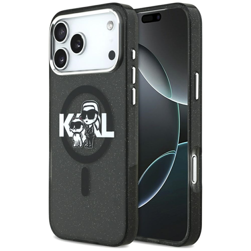 iPhone 17 Pro Max Karl Lagerfeld IML Glitter Karl & Choupette Sketch Logo MagSafe fekete tok