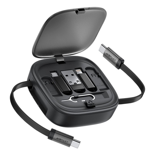  Acefast 2x USB-C, USB, Lightning, Micro-USB, TF Fekete J3 Útikészlet visszahúzható kábellel 60W, 3A, 0.95m Adatkábel