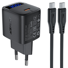  Acefast Fali Töltő (A115) - Digitális Kijelzővel, Gyors Töltéssel, GaN, Type-C, PD30W, USB-C Kábellel, 1.2m - Fekete