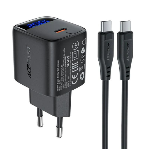 Acefast - Fali töltő (A113) - Digitális kijelzővel, gyors töltés, GaN, USB-C, PD20W, Type-C kábel, 1m - Fekete