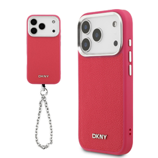 DKNY PU Bőr Fém Logós Csuklóláncos MagSafe Tok iPhone 17 Pro-hoz Rózsaszín