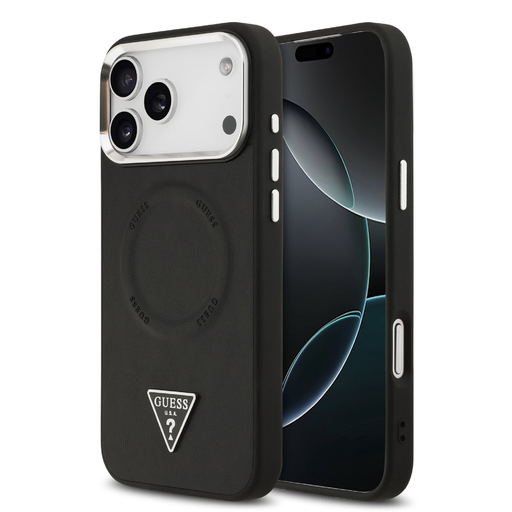Guess PU Bőr Háromszög Logós MagSafe tok iPhone 17 Pro Max Fekete