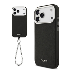 DKNY PU bőrfelbontású fém logós csuklópánt MagSafe tok iPhone 17 Pro Max Fekete tok