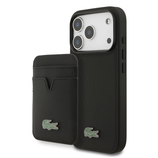  iPhone 17 Pro fekete Lacoste Iconic Petit Pique MagSafe tok + pénztárca