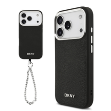  iPhone 17 Pro fekete DKNY PU bőrből készült fém logós csuklópántos MagSafe tok