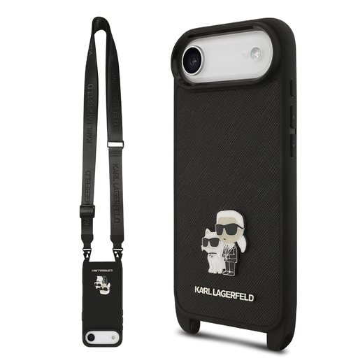 Karl Lagerfeld Saffiano Crossbody Pánt Fém Karl és Choupette tok iPhone 17 Air fekete tok