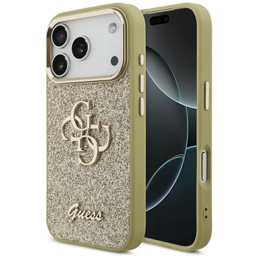 iPhone 17 Pro Guess Rögzített Csillám Nagy 4G Fém Keret tok arany tok