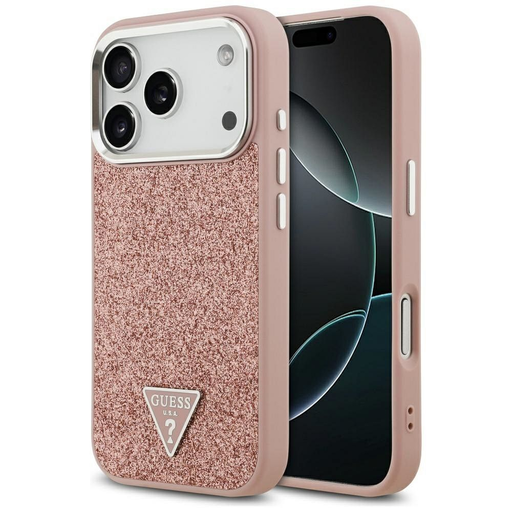 iPhone 17 Pro Guess Glitter Triangle Logo MagSafe tok rózsaszín