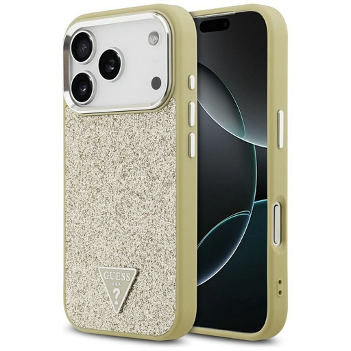 iPhone 17 Pro Guess Glitter Triangle Logo MagSafe tok arany