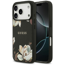 iPhone 17 Pro Guess Szemcsés Virágmintás Klasszikus Logós MagSafe tok fekete tok