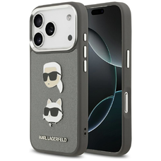 iPhone 17 Pro Karl Lagerfeld FW Grained Karl & Choupette Heads Pins & Logo szürke tok