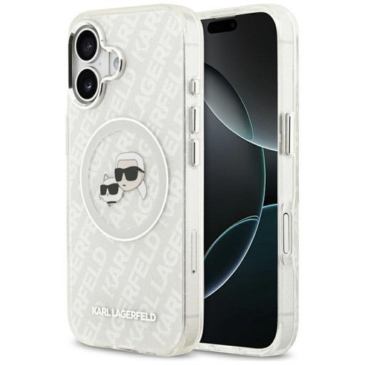 iPhone 17 Karl Lagerfeld IML Glitter Karl & Choupette Heads Logo MagSafe szürke tok
