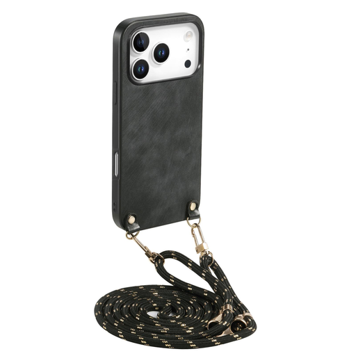 iPhone 17 Pro Max vintage bőrutánzatú, kemény hátlapos tok vállpánttal fekete Alphajack iPhone 17 Pro Max vintage bőrutánzatú, kemény hátlapos tok vállpánttal fekete Alphajack