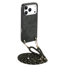 iPhone 17 Pro vintage bőrutánzatú, kemény hátlapos tok vállpánttal fekete Alphajack