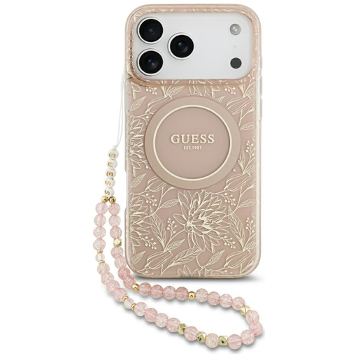 iPhone 17 Pro Max Guess IML Flowers Electro Pearl Pántos MagSafe tok Pink tok