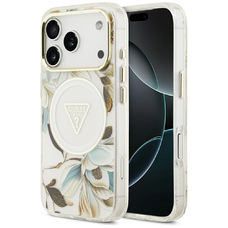 iPhone 17 Pro Guess IML Glitter Flowers Triangle MagSafe tok Fehér