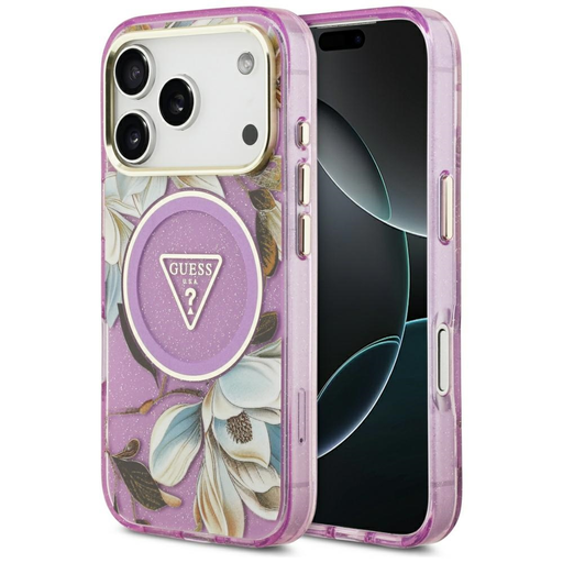 iPhone 17 Pro Pink Guess IML Metal Glitter Flowers Triangle MagSafe (GUHMP17LHFLPEDU) tok